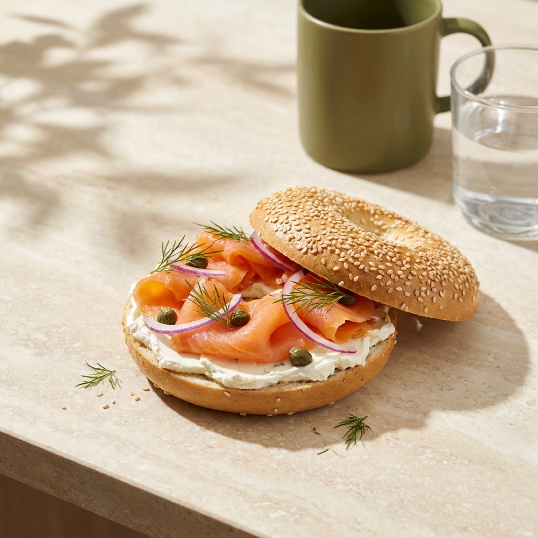 Bagel mit Lachs, Frischkäse und roten Zwiebeln