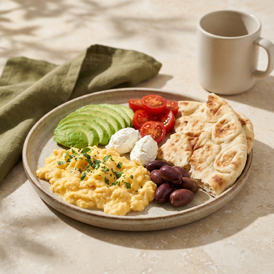 Frühstücksteller mit Ei, Avocado und Tomate