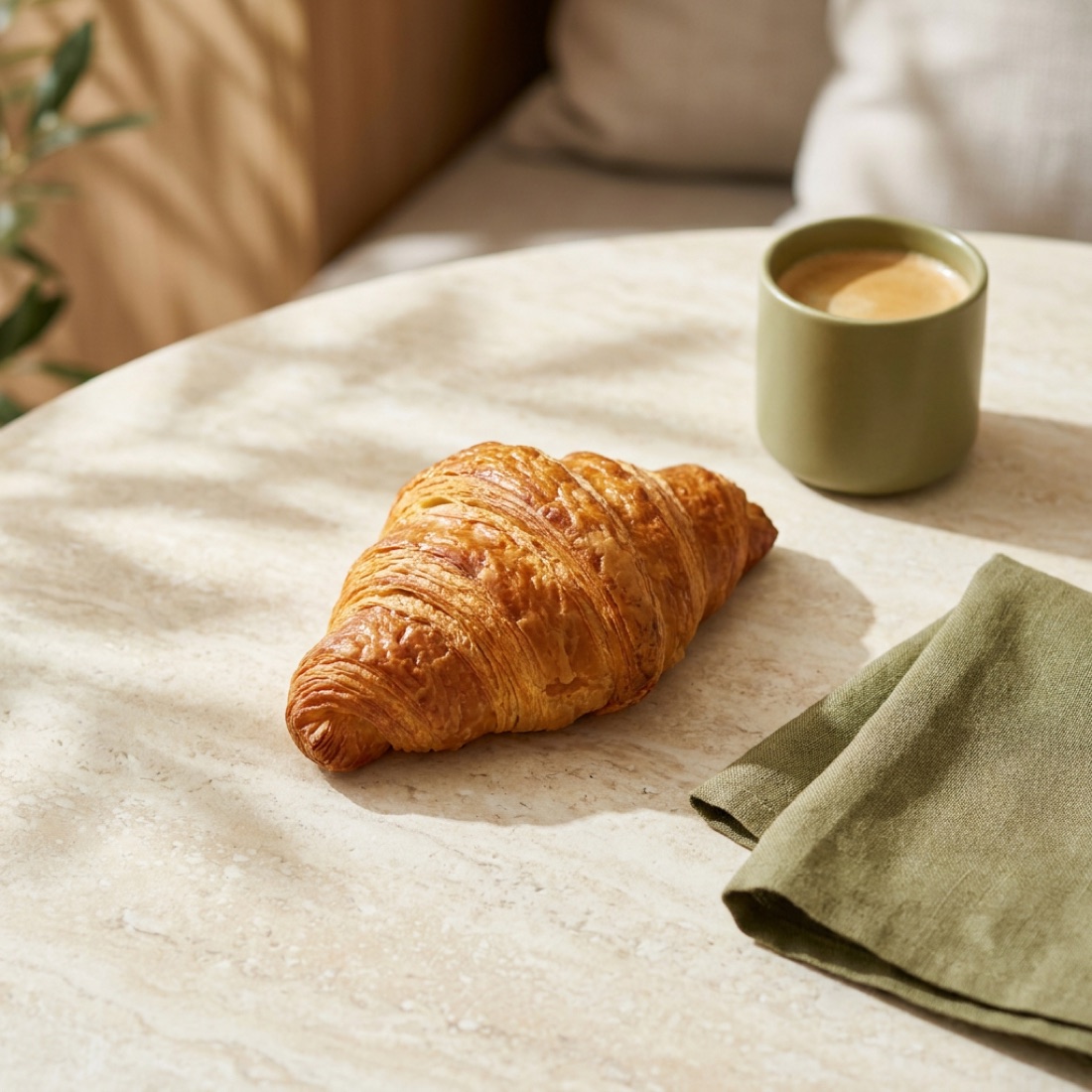 Frisch gebackenes Butter-Croissant mit Kaffee