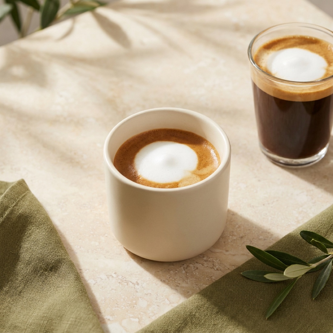 Macchiato und Espresso auf hellem Tisch